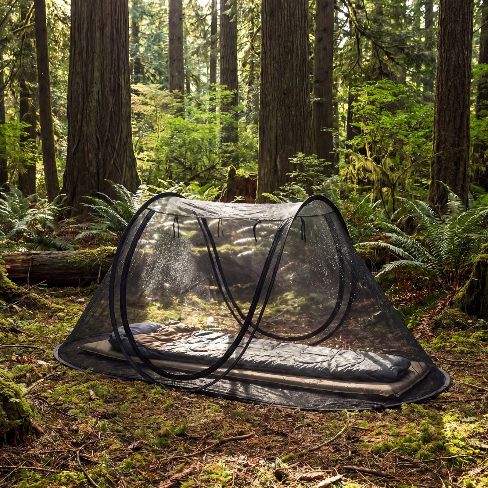 The black Mosticare Igloo freestanding mosquito tent pitched on a sunlit forest floor.
