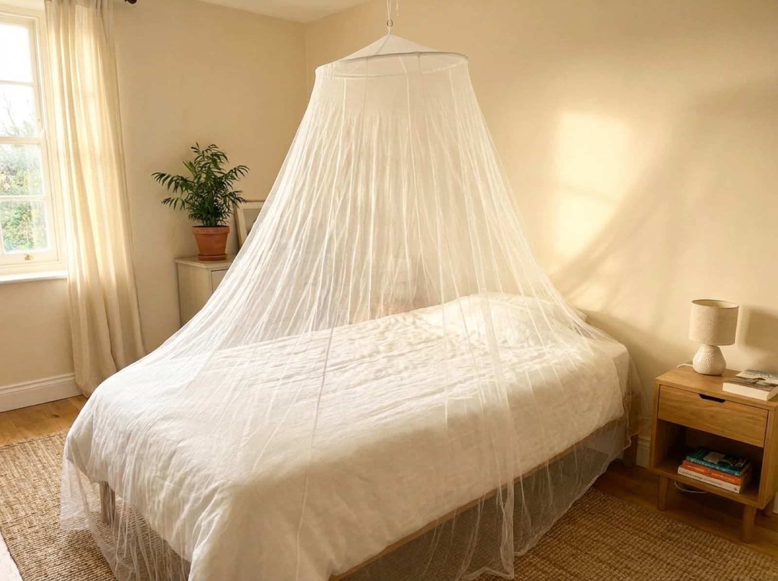 The Mosticare Rondo bell-shaped mosquito net canopy over a bed in a rustic beamed bedroom.