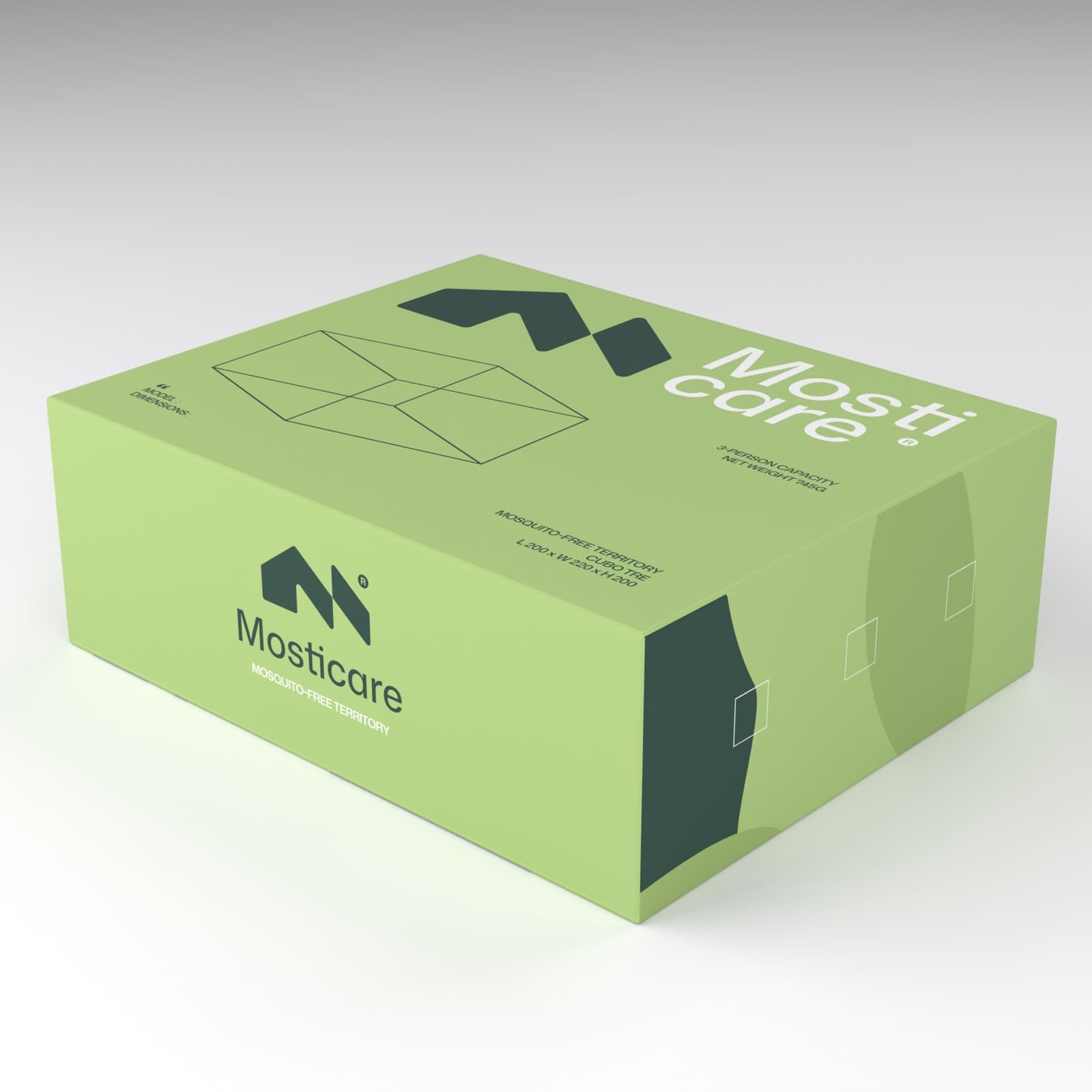 Mosticare Cubo Tre packaging, closed box, brand-green carton