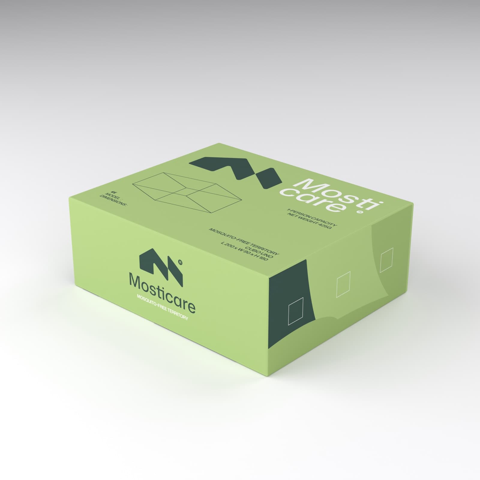 Mosticare Cubo Uno packaging, closed box, brand-green carton