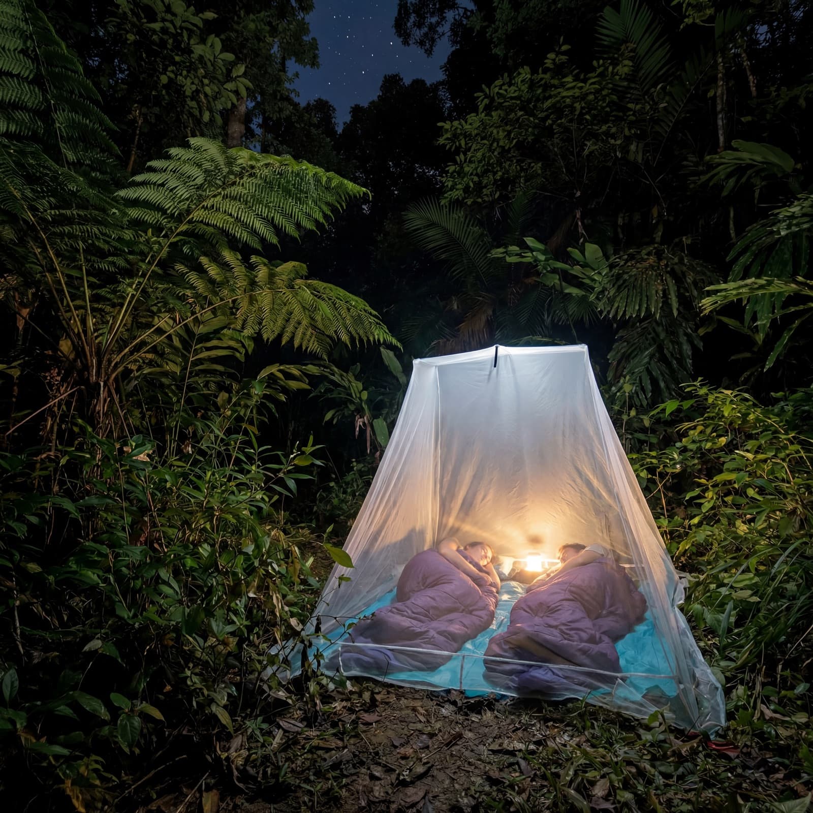A couple enjoying a picnic under the Mosticare Traccia travel mosquito net in a woodland clearing.